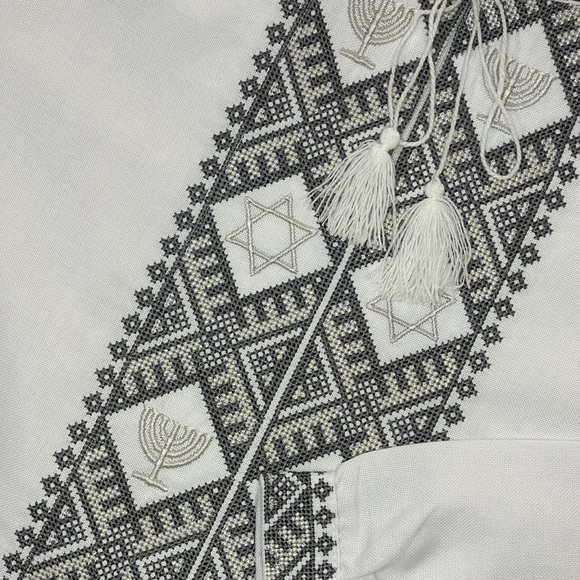 White Men’s Embroidered Shirt with Jewish Symbols - Picture 3 of 6